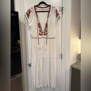 Free People White Maxi Dress with Red and Yellow Embroidery